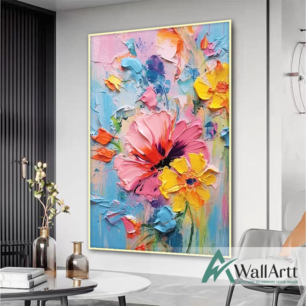 Abstract Pink Yellow Flowers 3d Heavy Textured Partial Oil Painting